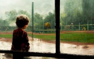 Legends Baseball Camps player looking out window at rainy baseball field