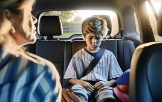 Sad ballplayer in backseat of car with parents