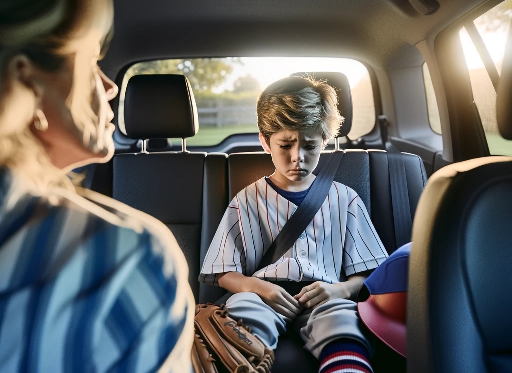 Sad ballplayer in backseat of car with parents
